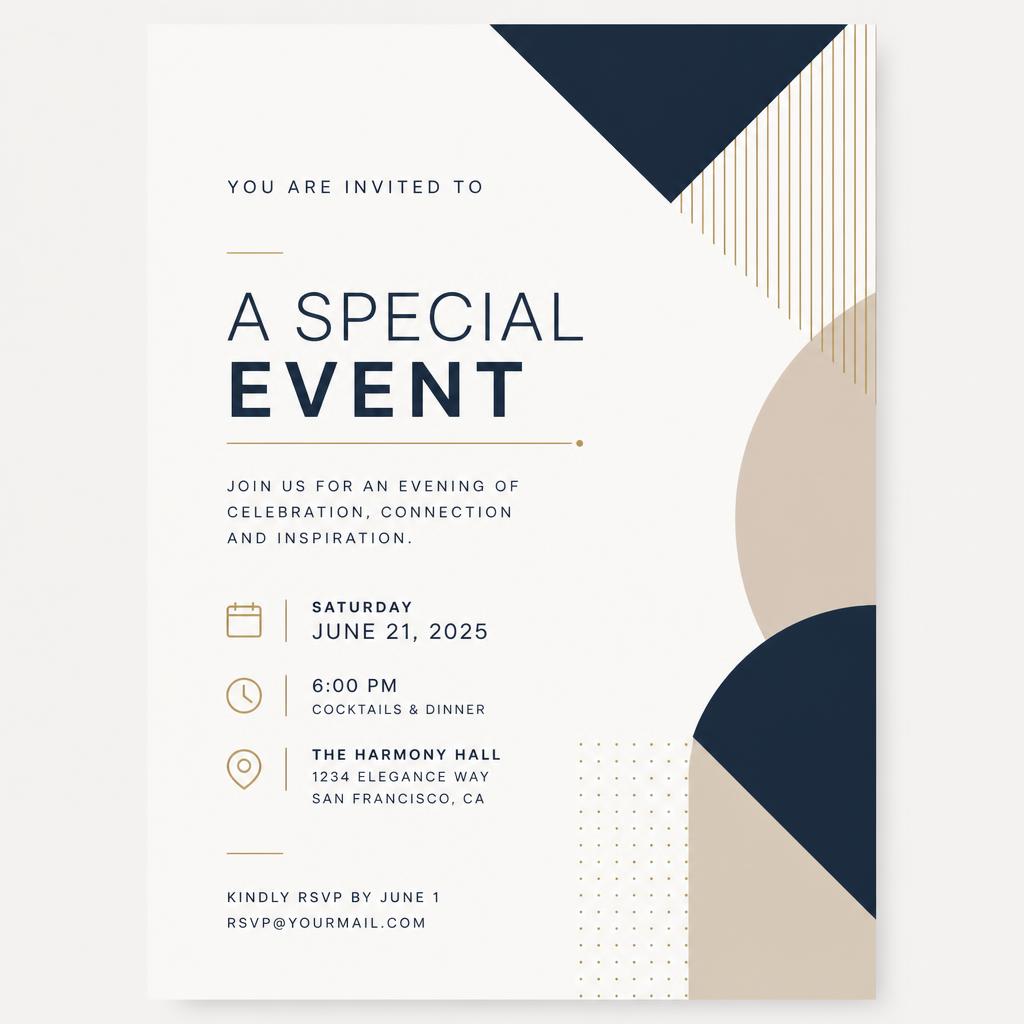 Modern minimalist invitation design with clean typography and geometric patterns